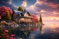 Generative AI Image of Home House Near Lake with Clouds in Dramatic Sky at Sunrise Royalty Free Stock Photo