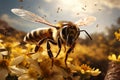 Generative AI Image of Honey Bee Flying in a Flowering Garden