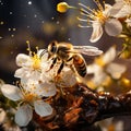 Generative AI Image Honey Bee Flying in Flowering Garden with Apricot Flowers Royalty Free Stock Photo