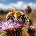 Generative AI Image of Honey Bee Insect Collecting Pollen on a Purple Flower Royalty Free Stock Photo