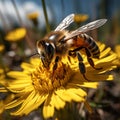 Generative AI Image of Honey Bee Insect Collecting Pollen on a Yellow Flower Royalty Free Stock Photo