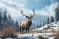 Generative AI Image of Horned Elk Animal Standing in Forest During Winter Season Royalty Free Stock Photo