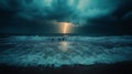 Generative AI Image of Horrible Storm on the Beach with Dark Clouds and Lightning Strike Royalty Free Stock Photo