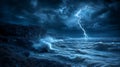Generative AI Image of Horrible Storm with Lightning Strike on Ocean Waves with Cliff Royalty Free Stock Photo