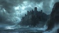Generative AI Image of Horrible Storm with Lightning Strike on Ocean Waves with Cliff Royalty Free Stock Photo