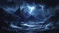 Generative AI Image of Horrible Storm with Lightning Strike in Rocky Mountain with Sea Waves Royalty Free Stock Photo
