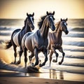 Generative AI image horses runing on the beach