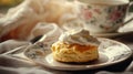 Generative AI Image of Hot Tea Mug with Soft Buttery Scone with Light Shadow and Fabric Cloth