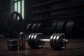 Generative AI Image of Iron Dumbbell Gym Equipment with Bottle on Wooden Floor