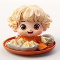 Generative AI Image of Japanese Food Dim Sum with Cute Character Miniature on a Plate