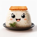 Generative AI Image of Japanese Onigiri Food Character with Happy Expression on a Plate