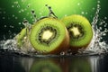 Generative AI Image of Kiwi Fruit Slices with Water Splashing on Green Background Royalty Free Stock Photo