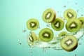 Generative AI Image of Kiwis Fruit Dropped with Fresh water on Green Background