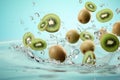 Generative AI Image of Kiwis Fruit Falling in Water with Green Background