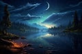 Generative AI Image of Lake Nature Landscape with Crescent Moon in the Sky at Night Royalty Free Stock Photo