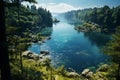 Generative AI Image of Lake View Surrounded by Green Trees at Bright Day