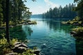 Generative AI Image of Lake View Surrounded by Green Trees in Forest at Bright Day