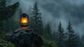 Generative AI Image of Lamp Lantern on Rock in Forest with Pine Trees and Fire Light at Night Royalty Free Stock Photo