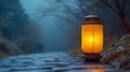 Generative AI Image of Lamp Lantern on Rocks Road in Forest with Trees and Fire Light at Night Royalty Free Stock Photo