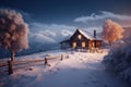 Generative Ai image of a log cabin in snowy woods at night, christmastime card Royalty Free Stock Photo