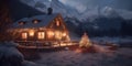 Generative Ai image of a log cabin in snowy woods at night, christmastime card Royalty Free Stock Photo