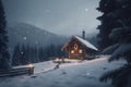 Generative Ai image of a log cabin in snowy woods at night, christmastime card
