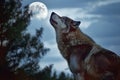 Generative AI image of a lone wolf howling at the moon