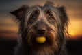 Generative Ai image of a long haired terrier with a ball in its mouth