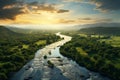 Generative AI Image of Long River Surrounded by Dense Green Trees in Forest at Sunset