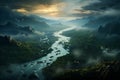 Generative AI Image of Long River Surrounded by Green Trees with Foggy Sky