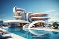 Generative AI Image of Luxury Futuristic Resort Building with Swimming Pool in Bright Day