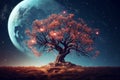 Generative AI Image of Magical Tree with Big Full Moon in the Sky at Night Royalty Free Stock Photo