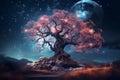 Generative AI Image of Magical Tree with Full Moon in the Sky at Night Royalty Free Stock Photo
