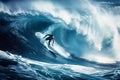 Generative AI Image of Male Athlete Surfing Big Blue Waves in Sea Ocean with Water Splashing