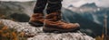 Generative Ai image of a man hiking up a mountain trail with a close-up of his leather hiking boots. The hiker shown in motion,