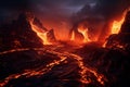 Generative AI Image of Molten Hot Fire Lava in the Erupting Volcano with Dark Sky