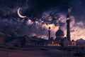 Generative AI Image of Mosque Building in the Desert with Beautiful Galaxy in Purple Sky Royalty Free Stock Photo