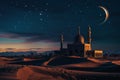 Generative AI Image of Mosque Building in the Desert with Crescent in Dark Sky Royalty Free Stock Photo