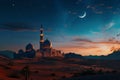 Generative AI Image of Mosque Building in the Desert with Crescent in the Evening Royalty Free Stock Photo