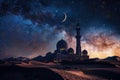 Generative AI Image of Mosque Building in the Desert with Galaxy Moon in Night Sky Royalty Free Stock Photo