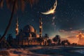 Generative AI Image of Mosque Building on the Seashore with Crescent Moon in Night Sky Royalty Free Stock Photo