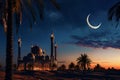 Generative AI Image of Mosque with Desert in the Middle East and Crescent Moon at Night Royalty Free Stock Photo