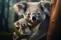 Generative AI Image of Mother Koala Holding Baby Koala in Eucalyptus Tree