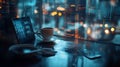 Generative AI Image of multiple graphs changing numbers empty chair cellphone coffee and keyboard on desk Digital Royalty Free Stock Photo