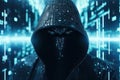 Generative AI image of a mysterious hooded hacker in action