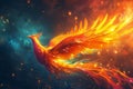 Generative AI Image of Mystical Phoenix Bird Flying in Outer Space with Galaxy Sky