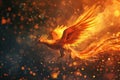 Generative AI Image of Myth Animal of Fiery Phoenix Bird Flying in Dark Sky