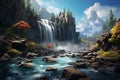 Generative AI Image of Nature Landscape with Tall Waterfall Flowing in River at Bright Day