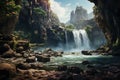 Generative AI Image of Nature Landscape with Waterfall Flowing in River at Bright Day
