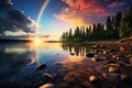 Generative AI Image of Nature View from Lakeside with Beautiful Rainbow in the Sky